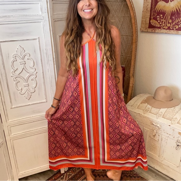 SALE💛 Zara Striped Halter Midi Dress Orange Black White Pink M Very 70s - Picture 9 of 9